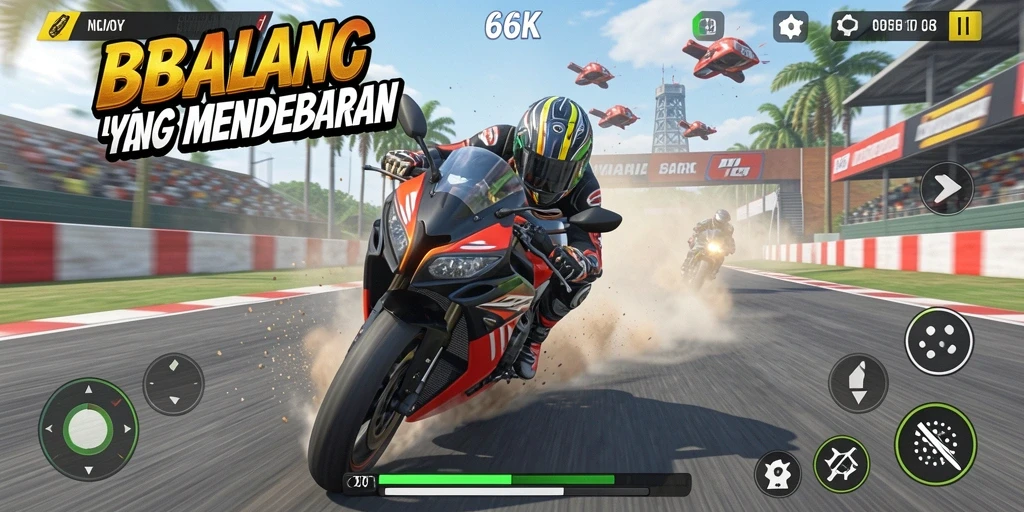 Screenshot utama 66K menampilkan aksi balapan motor yang seru dan mendebarkan.