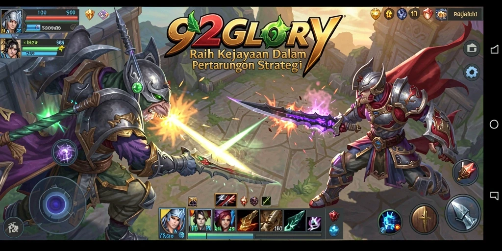 Tangkapan layar utama 92GLORY menampilkan aksi pertempuran strategis yang menarik.