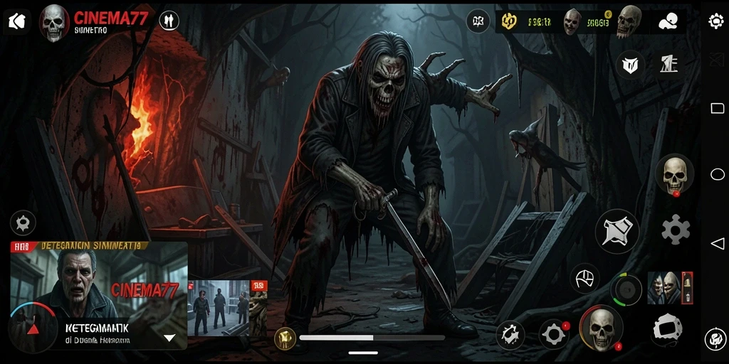Gameplay CINEMA77 menampilkan suasana mencekam yang intens.