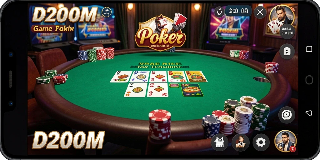 Screenshot gameplay D200M menampilkan aksi Poker yang mendebarkan.
