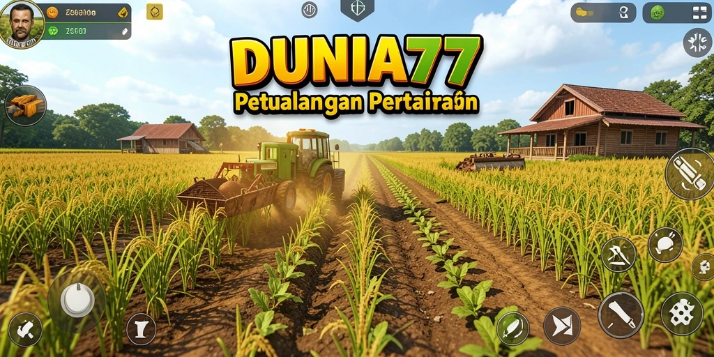 Screenshot gameplay DUNIA77 menampilkan ladang yang luas dan tanaman berwarna cerah.