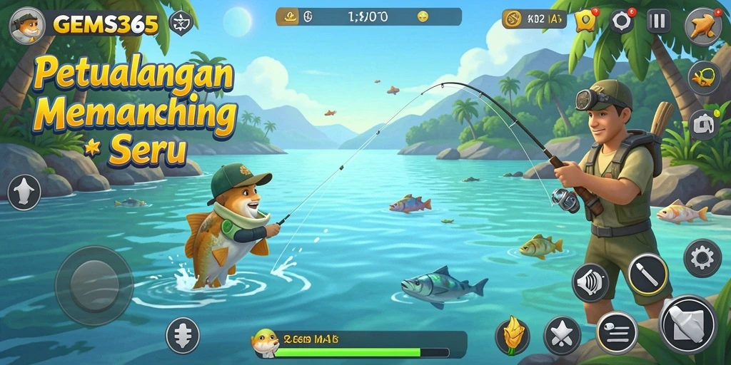 Tampilan gameplay GEMS365 yang menampilkan momen menangkap ikan.