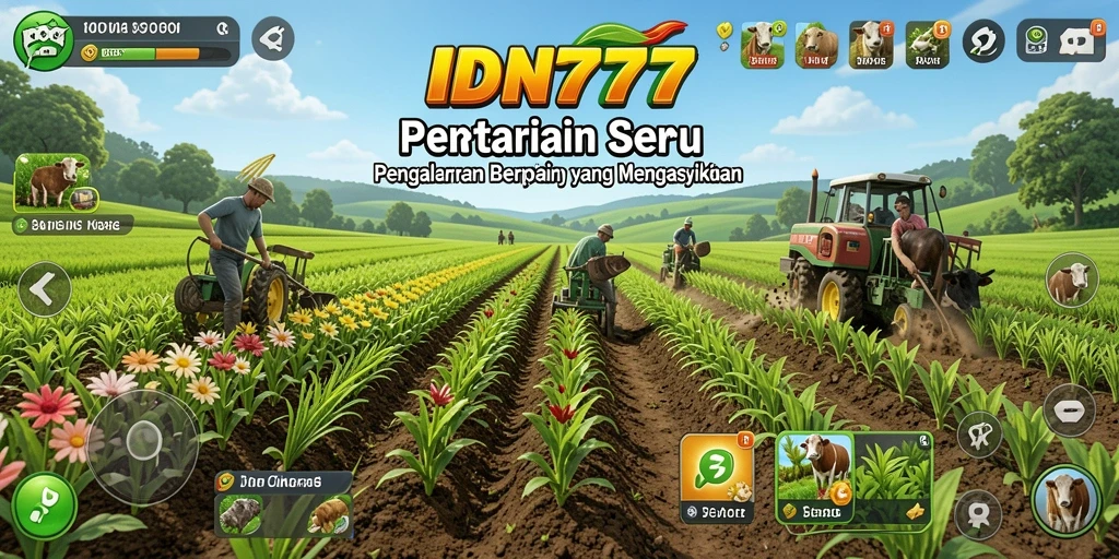 Screenshot gameplay IDN777 menampilkan ladang pertanian yang indah dan berwarna-warni.