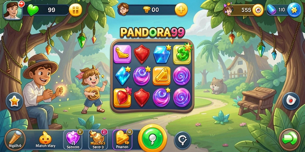 Tampilan gameplay seru PANDORA99 dengan elemen Match-3.