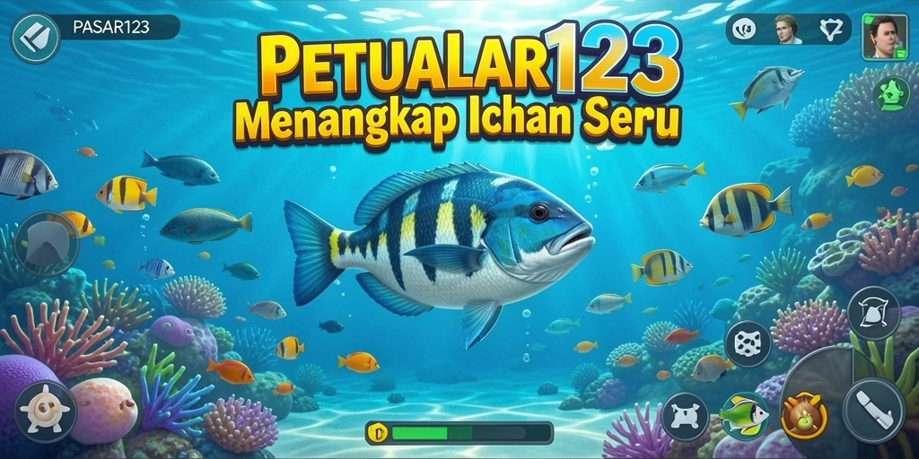 Tampilan gameplay PASAR123 saat menangkap ikan di danau.