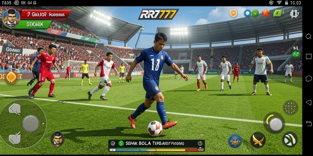 Screengrab dari gameplay RR777 yang menampilkan aksi pertandingan sepak bola.
