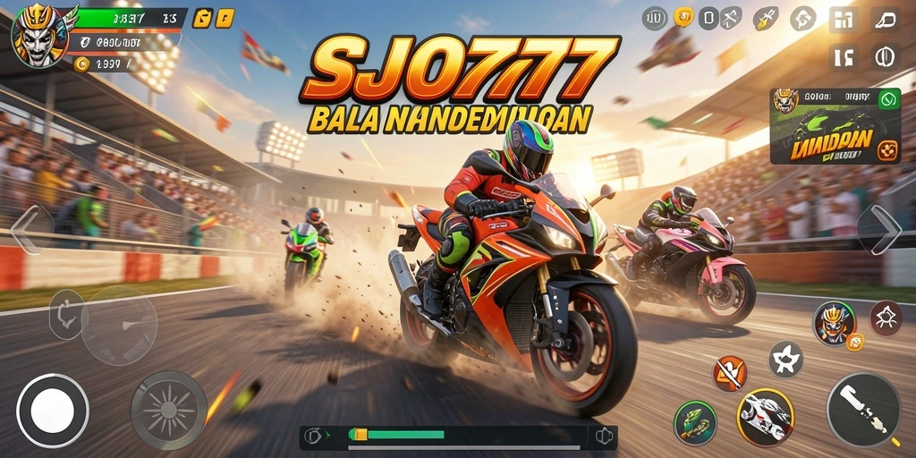 Gameplay SJO777 menampilkan balapan motor yang penuh aksi.