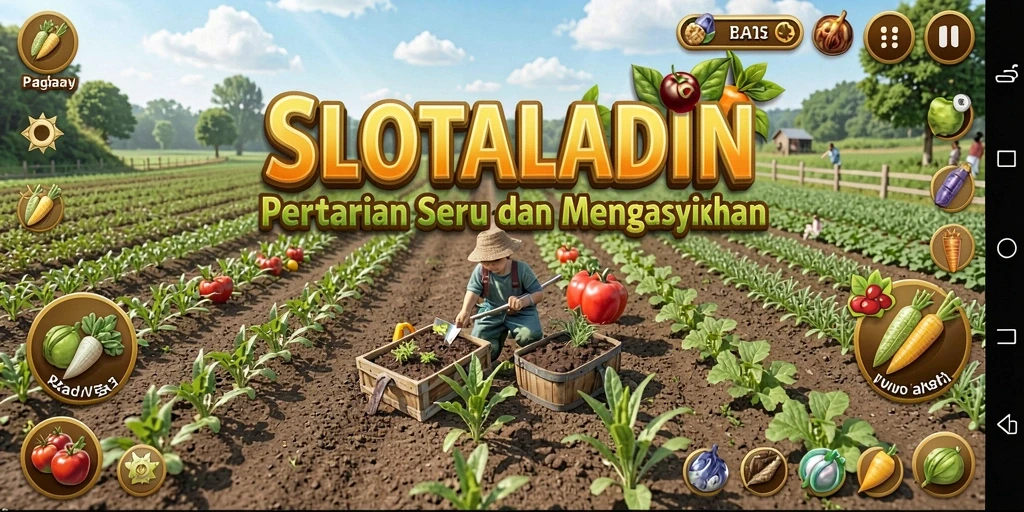 Tampilan utama gameplay <strong>SLOTALADIN</strong> yang menunjukkan aktivitas bertani yang menyenangkan.
