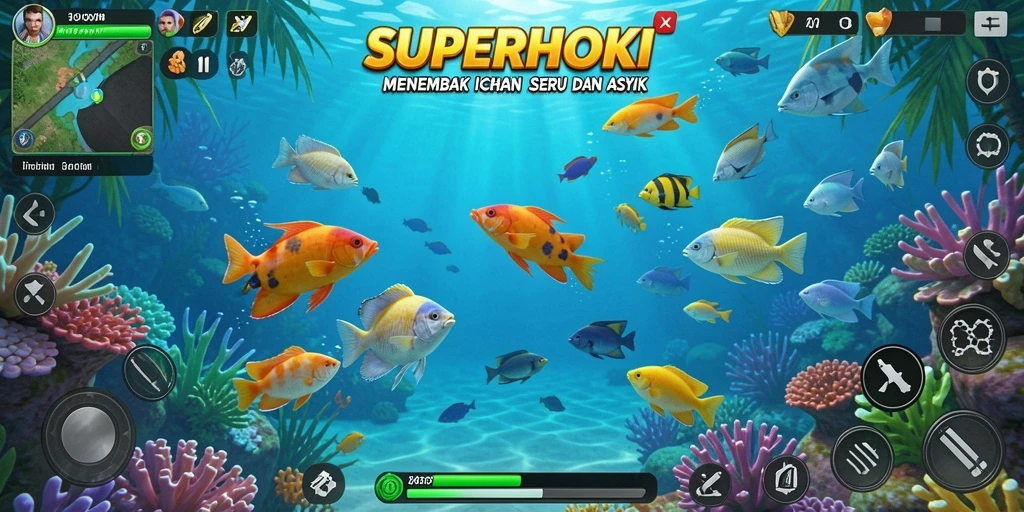 Screenshot gameplay SUPERHOKI menampilkan aksi menembak ikan yang mendebarkan.